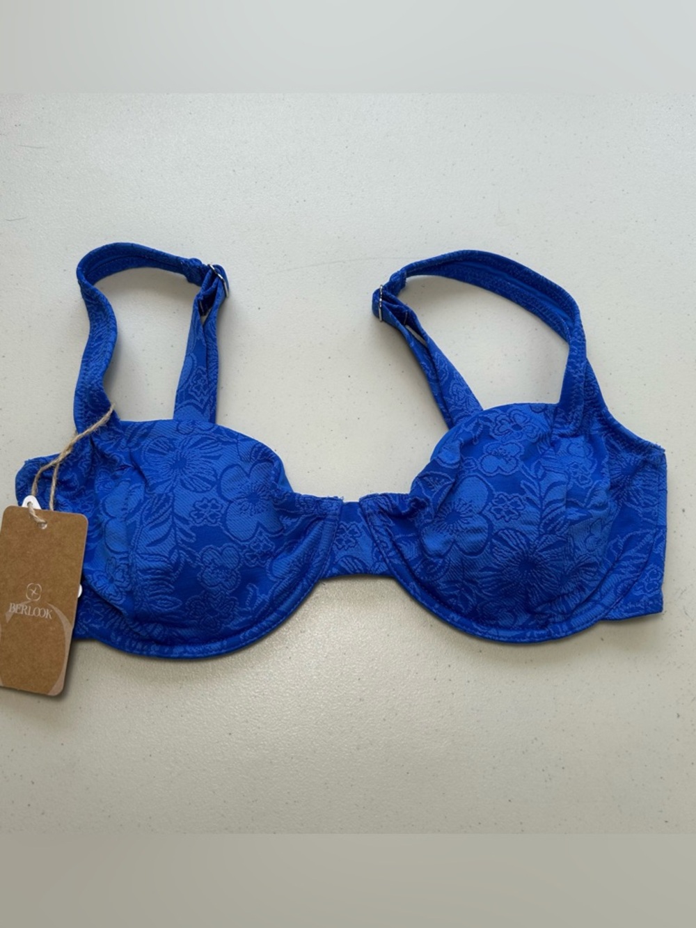 Berlook Bikini Top Medium Blue Floral Textured Underwire Swimwear